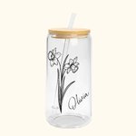 Personalized Birth Flower Tumbler Glass Can with Bamboo Lid and Straw