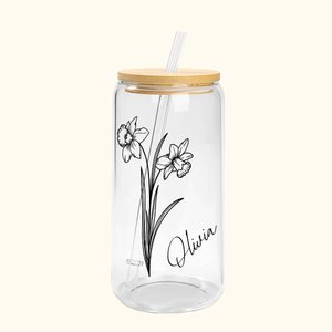 Lattina di vetro con coperchio di bambù e cannuccia con fiore di nascita personalizzato