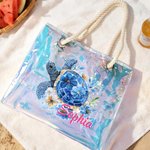 Personalized Floral Sea Turtle Clear Holographic Tote Bag with Name Travel Accessory Birthday Gift for Women