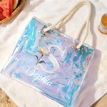 Personalisierte Strandtasche mit irisierender Geburtsblume und Initiale | mit Namen | Transparent | Tote Bag | Sommer Urlaub JGA Geschenk für Frauen