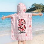 Personalised Graffiti Strawberry Initial Quick Dry Hooded Beach Towel with Name Beach Essentials Summer Vacation Birthday Gift for Kids