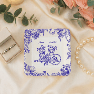 Personalized Long-Tailed Couple Marsupilami Blue Flower Ceramic Trinket Jewellery Dish with Name Birthday Gift for Her | Callie × Marsupilami®