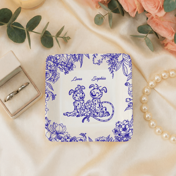Personalized Long-Tailed Couple Marsupilami Blue Flower Ceramic Trinket Jewelry Dish with Name Birthday Gift for Her | Callie × Marsupilami®