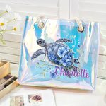 Personalized Floral Sea Turtle Clear Holographic Tote Bag with Name Travel Accessory Birthday Gift for Women