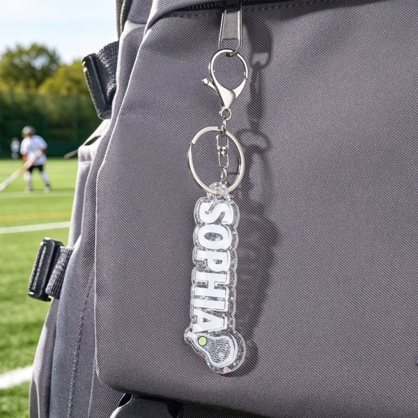 Personalized Colorful Glitter Lacrosse Stick Lacrosse Keychain with Name Sports Gift for Lacrosse Fan