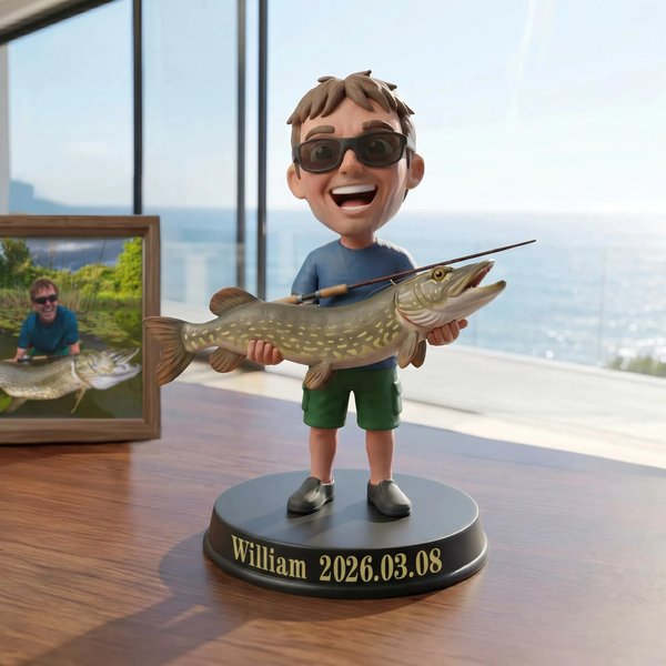 Photo personnalisée à 3D Statue de pêcheur Ornement avec texte Décoration de bureau Anniversaire Fête des pères Cadeau pour papa pêcheur