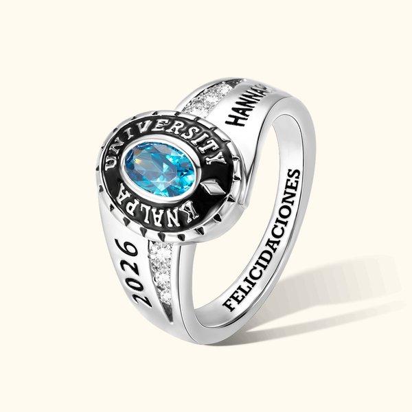 Anillo de graduación personalizado de plata de ley con piedra de nacimiento y nombre regalo de graduación para graduados hombres y mujeres