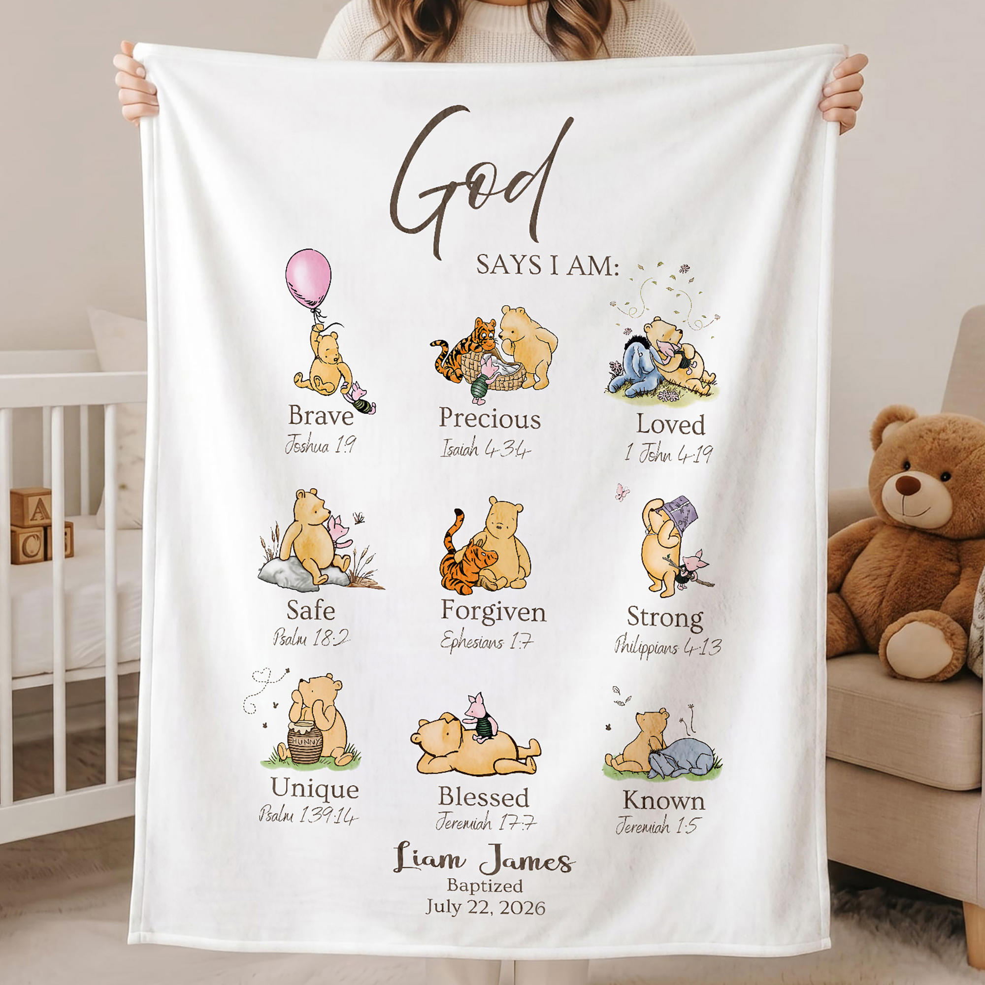 Personalized God Says I am Classic Winnie the Pooh Baby Blanket with Name Inspirational Scripture Christening Baptism Gift for Infant