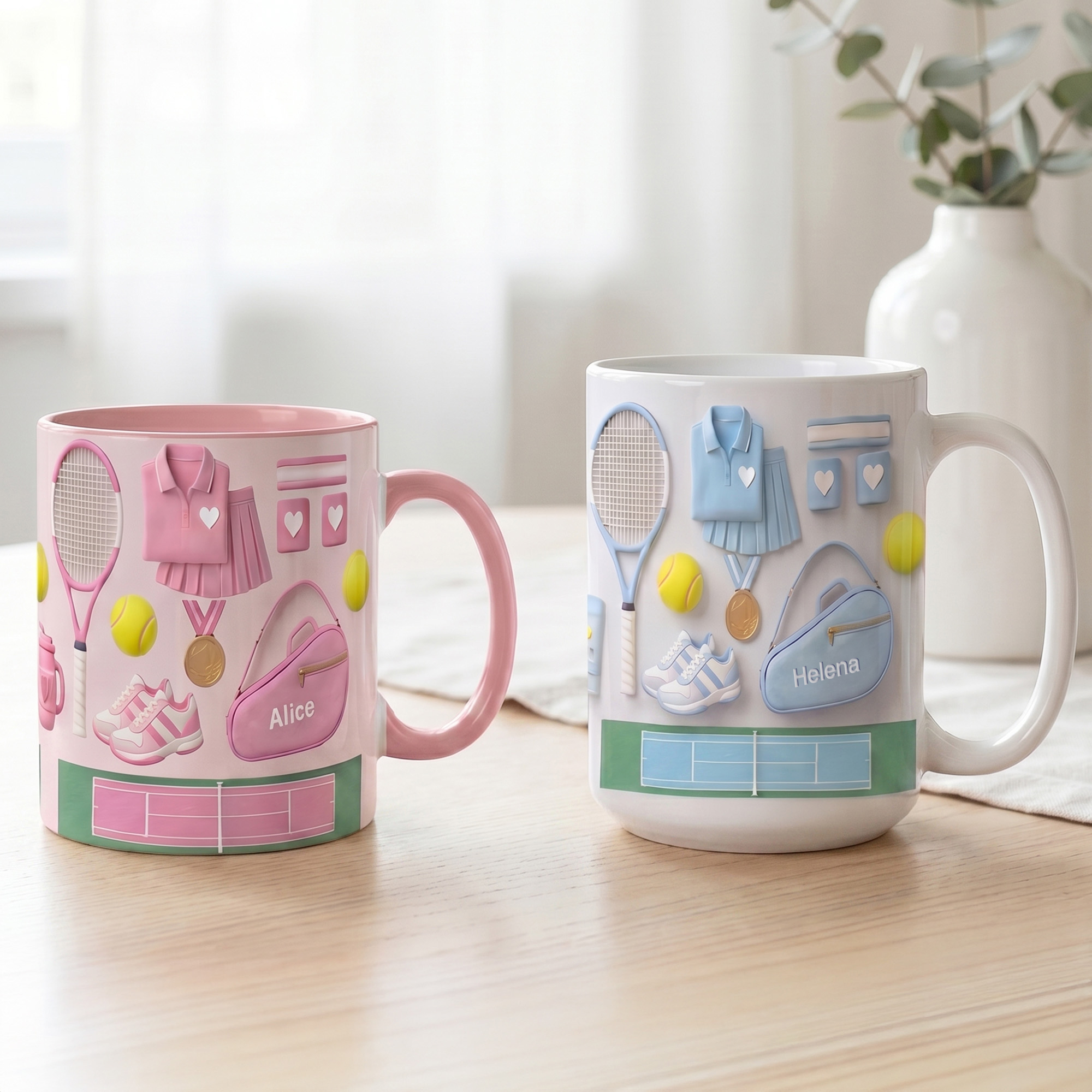 Personalisierte 3D-Optik Keramiktasse mit Tennissmotiv | mit Namen | Untersetzer wählbar | Geburtstag Spieltag Geschenk für Tennisspieler und -Fans