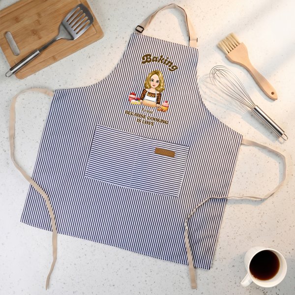 Personalised Baking Cartoon Character Adjustable Striped Apron with Name and Pocket Kitchen Accessory Birthday Gift for Women Cooking Lovers
