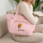 Personalized Multicolor Birth Flower Large Corduroy Tote Bag with Name Daily Use Birthday Gift for Mom Grandma Crochet Enthusiast