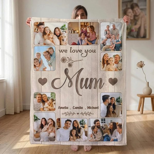 Personalised Soft Flannel Throw Blanket with 10 Family Photos, Custom 1-8 Names, Heartfelt Gift for Mom Grandma Dad