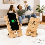 Personalised Vintage Black and White Line Art Photo Bamboo Phone Stand with Name and Year Daily Use Father's Day Birthday Gift for Parents