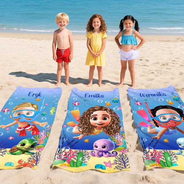 Personalizowany szybkoschnący miękki ręcznik plażowy 3D z nurkującym dzieckiem i morskimi zwierzętami z imieniem prezent dla chłopców i dziewczynek