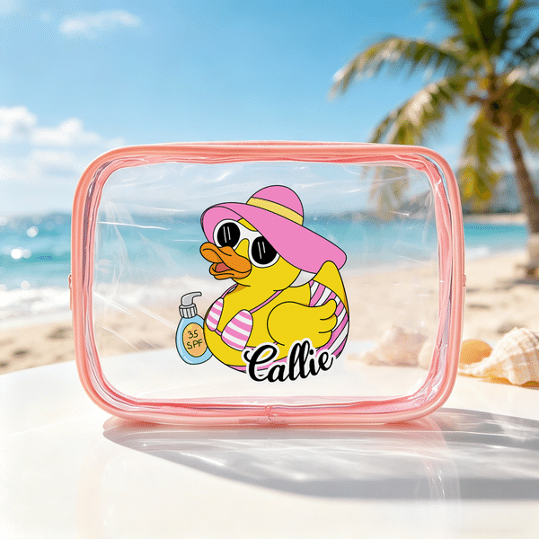 Personalized Yellow Duck Clear Waterproof Makeup Bag with Zipper and Name Beach Party Travel Birthday Gift for Girl