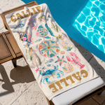 Personalized Watercolor Style Marine Life Oversized Quick Dry Beach Towel with Name and Drawstring Bag Vacation Birthday Gift for Family Friends