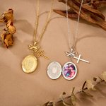 Personalised Virgin Mary Photo Cross Locket Necklace with Bow Exquisite Jewellery Baptism Birthday Gift for Women Christians