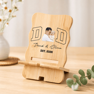 Personalised Parent-Child Photo Bamboo Phone Stand with Name and Year Daily Use Father's Day Birthday Gift for Parents