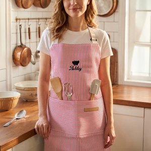 Personalised Embroidered Baking Element Adjustable Striped Apron with Name and Pocket Kitchen Accessory Birthday Gift for Women Cooking Lovers