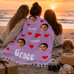 Personalised Face Photo Paw Print Heart Oversized Quick Dry Tassel Beach Towel with Name Summer Holiday Beach Party Birthday Gift for Family Friends