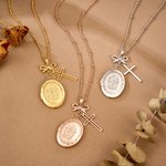 Personalised Virgin Mary Photo Cross Locket Necklace with Bow Exquisite Jewellery Baptism Birthday Gift for Women Christians