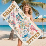 Personalized Watercolor Style Marine Life Oversized Quick Dry Beach Towel with Name and Drawstring Bag Vacation Birthday Gift for Family Friends