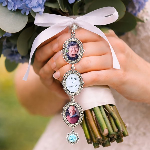 Personalised 1-5 Photos Butterfly Blue Gemstone Bouquet Charm with Text Anniversary Bridal Shower Wedding Gift for Bride