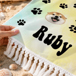 Personalised Face Photo Paw Print Heart Oversized Quick Dry Tassel Beach Towel with Name Summer Holiday Beach Party Birthday Gift for Family Friends