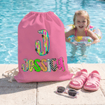 Gepersonaliseerde Multicolor Graffiti Polka Dot Initial Drawstring Bag met Naam Strandfeest Verjaardagscadeau voor Vrouwen Besties