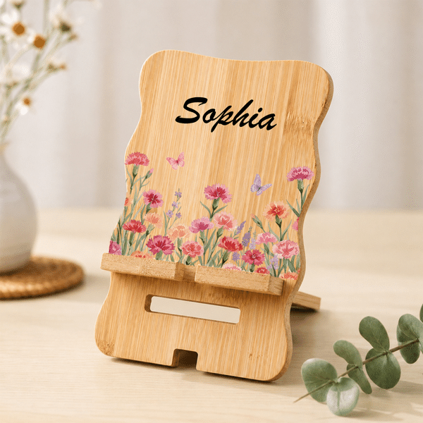 Henkilökohtainen vesiväri syntymä kukka bambu puinen puhelin jalusta iPad haltija nimi päivittäiseen käyttöön syntymäpäivälahja naisille