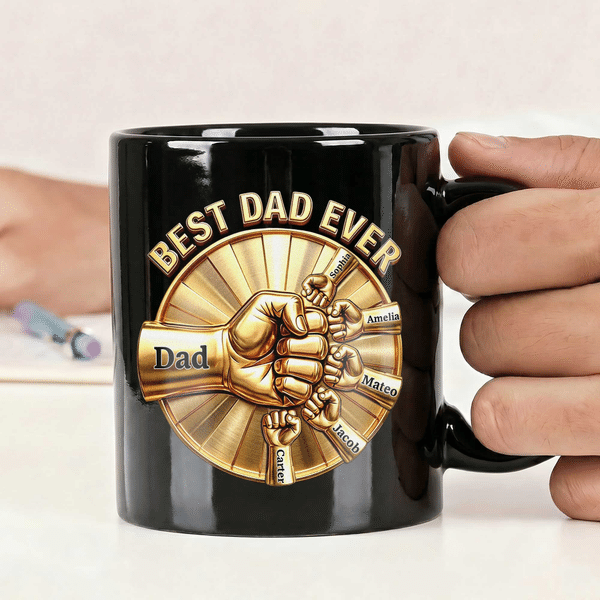 Henkilökohtainen Fist Bump Design Musta 11 oz keraaminen muki, jossa on 1-12 nimeä Isänpäivä Syntymäpäivälahja isälle isoisälle isoisälle