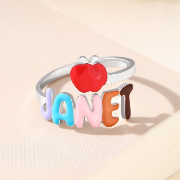 Personalised Multicolor Enamel Apple Sterling Silver Ring with Name Teacher's Day Appreciation Gift for Teachers