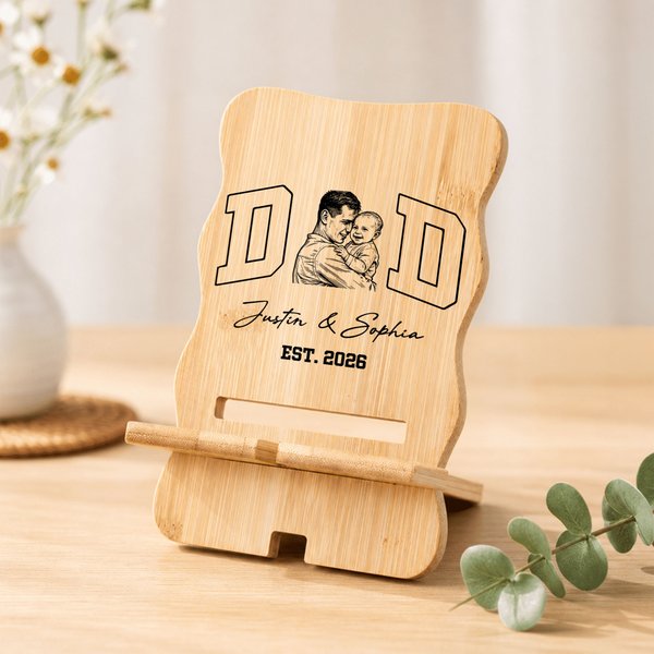 Personalized Vintage Black and White Line Art Photo Bamboo Phone Stand with Name and Year Daily Use Father's Day Birthday Gift for Parents