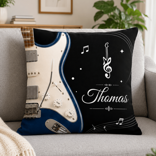 Personalized Guitar Note Soft Throw Pillow Cover with Name Home Music Studio Decor Birthday Gift for Guitar Lover Musician