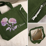 Personalised Birth Flower Large Capacity Corduroy Tote Bag with Name Daily Use Birthday Anniversary Gift for Woman
