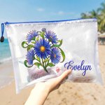 Personalised Birth Flower Transparent Mesh Beach Bag with Name Travel Essential Beach Party Birthday Gift for Women Girls