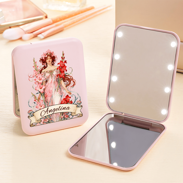 Personalized Character Birth Flower Double-Sided Makeup Mirror with Name and LED Light Mother's Day Birthday Gift for Woman