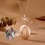 Personalised Virgin Mary Photo Cross Locket Necklace with Bow Exquisite Jewellery Baptism Birthday Gift for Women Christians