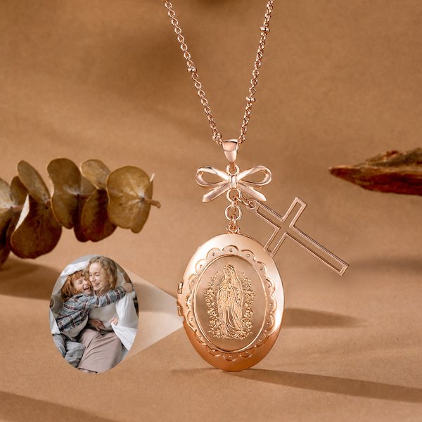 Personalised Virgin Mary Photo Cross Locket Necklace with Bow Exquisite Jewellery Baptism Birthday Gift for Women Christians