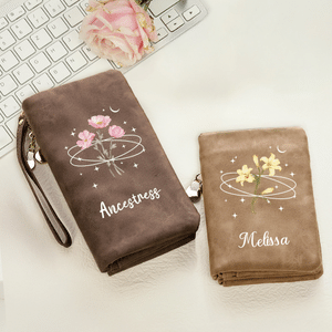 Personalised Star Moon Birth Flower Tri-Fold PU Leather Wristlet Wallet with Card Holder and Name Daily Use Birthday Anniversary Gift for Women
