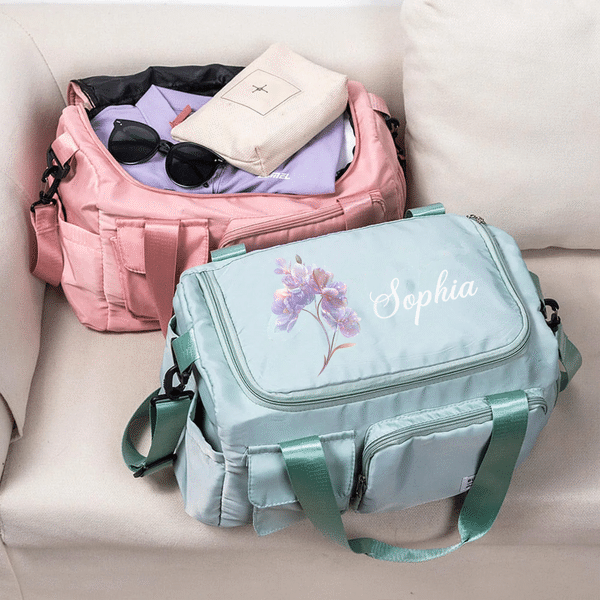 Personalized Birth Flower Name Multi-Compartment Waterproof Weekend Bag with Shoulder Strap Travel Accessories Birthday Gift for Women Girls