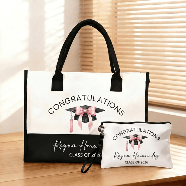 Personalized Graduation Cap Large Tote Bag Portable Makeup Bag with Name and Year Travel Essential Graduation Gift for Graduates