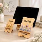 Support pour téléphone portable et iPad en bois de bambou avec nom Cadeau d'anniversaire pour femmes