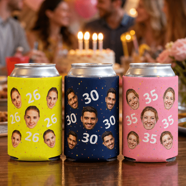 Personalized Multicolour Face Photo Beer Can Cooler Sleeve with Number Birthday Party Gift for Family Friends