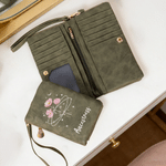 Personalized Star Moon Birth Flower Tri-Fold PU Leather Wristlet Wallet with Card Holder and Name Daily Use Birthday Anniversary Gift for Women
