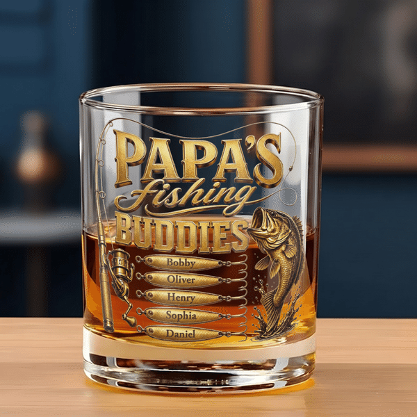Personalized Fishing Theme Design 10 oz Rock Whisky Glass with 1-12 Names and Title Father's Day Birthday Gift for Father Fishing Enthusiast