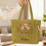 Personalized Star Moon Birth Flower Large Capacity Corduroy Tote Bag with Name Travel Essential Birthday Gift for Office Worker Woman