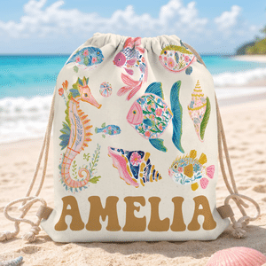 Personalized Watercolor Style Marine Life Beach Backpack with Name Beach Party Birthday Gift for Kids Adults