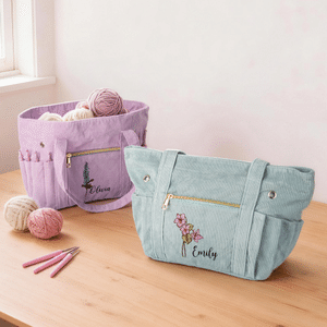 Personalized Multicolor Birth Flower Large Corduroy Tote Bag with Name Daily Use Birthday Gift for Mom Grandma Crochet Enthusiast