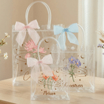 Personalized Pink Blue Bow Birth Flower Clear Gift Bag with Name Birthday Wedding Gift for Bridesmaids Newlyweds Women